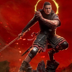 May include: A detailed action figure of a warrior in dark chainmail and plate armor, holding a long sword. The figure features glowing white eyes, red arm tattoos, and a golden halo effect behind the head, set against a deep red background.
