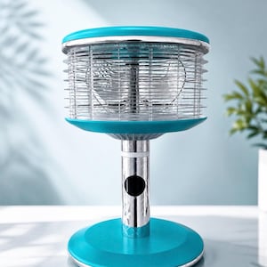 May include: A teal and chrome insect trap featuring a cylindrical cage with horizontal wire slats, a central fan mechanism, and a circular base. The device includes a smooth teal top cover and a reflective chrome-finished vertical support column.