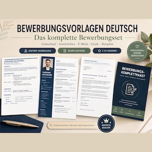 May include: A digital CV template set titled BEWERBUNGSVORLAGEN DEUTSCH, featuring multiple document layouts, a cover letter, and a guide. The set includes text in German, a gold pen, and circular badges indicating professional design and instant download.