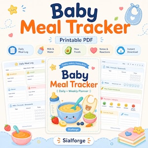 May include: A Baby Meal Tracker printable PDF set featuring a central cover page with a bowl of food, a baby bottle, and a bib. Two side pages show daily meal logs, milk and water intake, new foods, and reaction trackers with colorful icons.
