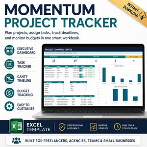 Puede incluir: Una plantilla de Excel de seguimiento de proyectos Momentum mostrada en la pantalla de una computadora portátil. La interfaz presenta un centro de comando de proyectos con resúmenes de tareas, barras de progreso y gráficos. Los iconos representan funciones como tablero ejecutivo, seguimiento de tareas, cronograma de Gantt y seguimiento presupuestario.