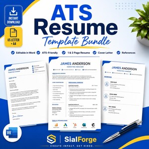 Pode incluir: Um pacote de modelos de currículo ATS com carta de apresentação, currículo e página de referências em azul e branco. O texto inclui ATS Resume Template Bundle, James Anderson, Marketing Manager e SialForge. Inclui uma caneta azul.