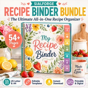 NEW Editable Recipe Binder Bundle, Modern Farmhouse Cookbook Pages - More Floral (Digital Download)
