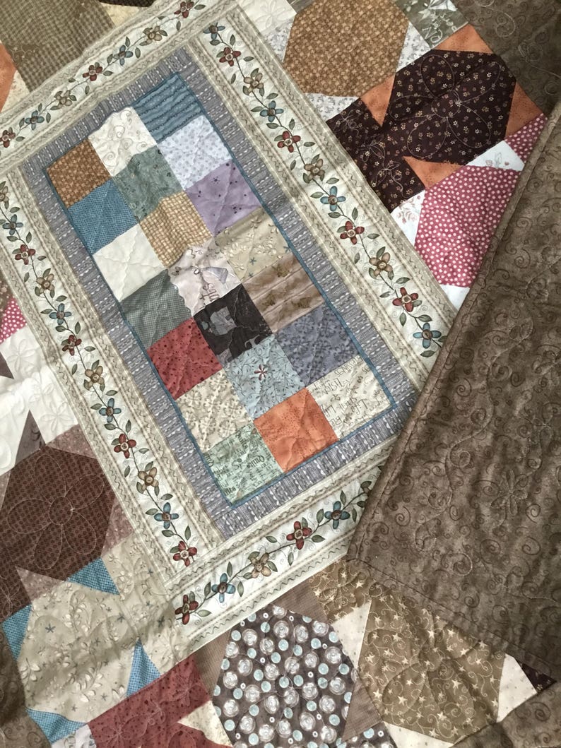 lap quilt blessings tan earth tones Blessings quilt quilt handmade blue sofa quilt off white brown MaterialThings2
