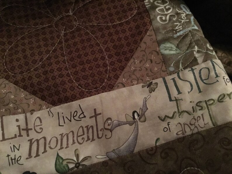 lap quilt blessings tan earth tones Blessings quilt quilt handmade blue sofa quilt off white brown MaterialThings2