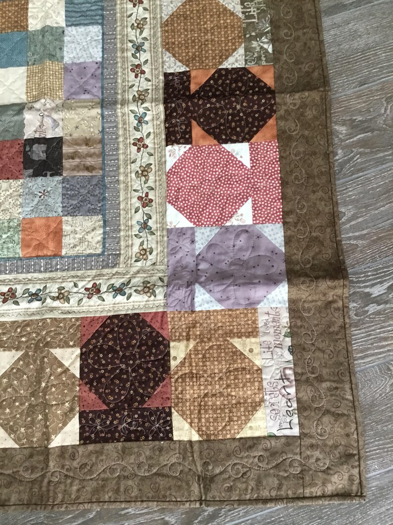 lap quilt blessings tan earth tones Blessings quilt quilt handmade blue sofa quilt off white brown MaterialThings2