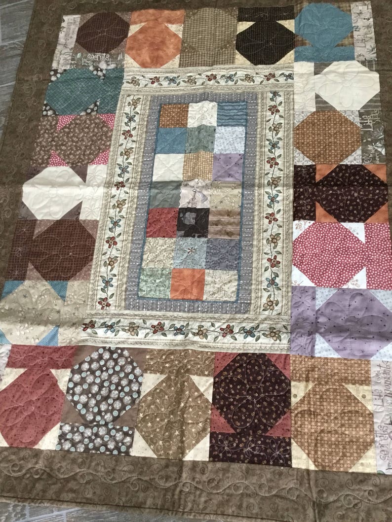 lap quilt blessings tan earth tones Blessings quilt quilt handmade blue sofa quilt off white brown MaterialThings2