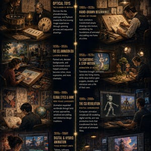 Może przedstawiać: Pionowa infografika zatytułowana The Timeline of The Evolution of Animation, ze złotym tekstem na ciemnym tle. Przedstawia historyczne techniki animacji, od zabawek optycznych z lat 30. XIX wieku po współczesną animację cyfrową.