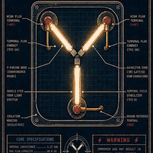 May include: A dark blue technical schematic titled Flux Capacitor Schematic featuring a glowing Y-shaped light emitter. The diagram includes labels for components like High Flux Terminal, Temporal Flux Conduit, and a warning about temporal displacement.