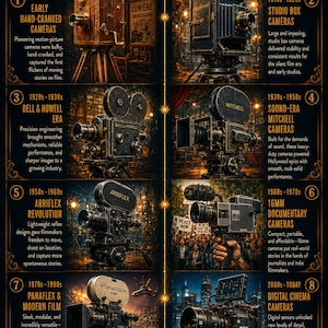 May include: A black and gold infographic titled The Evolution of Cameras in Film, featuring eight numbered sections detailing historical camera models from 1890s hand-cranked machines to modern digital cinema cameras with descriptive text for each era.