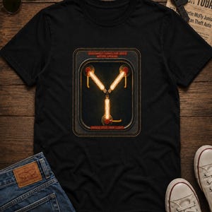 May include: A black short-sleeved t-shirt featuring a graphic of a flux capacitor with three glowing orange light tubes arranged in a Y-shape. The graphic includes the text DISCONNECT CAPACITOR DRIVE BEFORE OPENING and SHIELD EYES FROM LIGHT.
