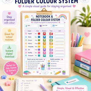 May include: A printable notebook and folder colour system chart featuring a table with subjects like English, Maths, and Science matched to specific colours. The document includes a checklist, helpful reminders, and cute illustrations of suns, clouds, and rainbows.