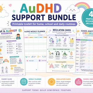 Pode incluir: Um pacote de recursos imprimíveis AuDHD contendo quatro itens: um guia para pais, um planejador semanal, cartões de regulação e uma lista de verificação de adaptação escolar, com ilustrações coloridas, texto e tabelas de rotinas.