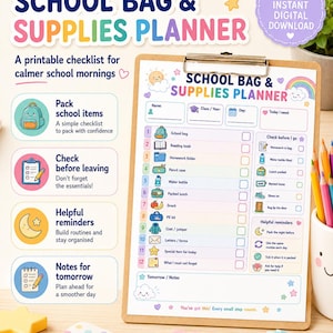 以下が含まれることがあります： クリップボードに挟まれた印刷可能なSchool Bag & Supplies Plannerチェックリスト。カラフルな見出し、学用品の番号付きリスト、出発前のチェック項目、太陽や虹などのアイコンが付いた役立つリマインダーセクションが記載されています。