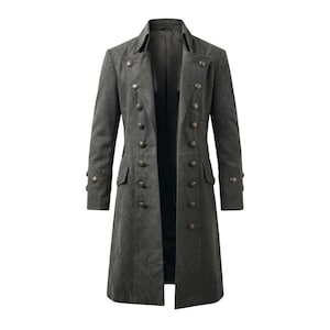 May include: A dark gray long coat featuring a double-breasted front with two columns of metallic buttons, a structured collar, long sleeves with buttoned cuffs, and two side pockets with flaps. The coat has a straight hem and a tailored fit.