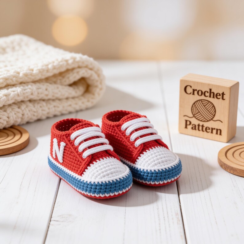May include: A pair of red, white, and blue crochet baby sneakers with white laces and a white letter N on the side. Next to the shoes is a wooden block with the text Crochet Pattern and a yarn ball icon, and a folded white crocheted blanket.
