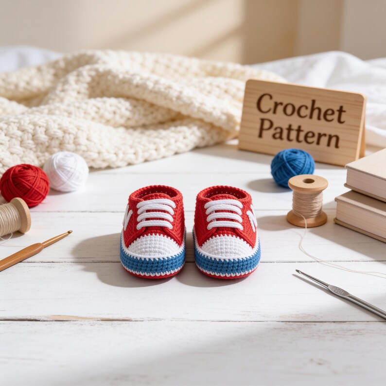 May include: A pair of handmade crochet baby sneakers in red, white, and blue. The shoes feature white laces, a white toe cap, and a blue sole trim. Beside the shoes are yarn balls, a wooden spool, crochet hooks, and a sign reading Crochet Pattern.