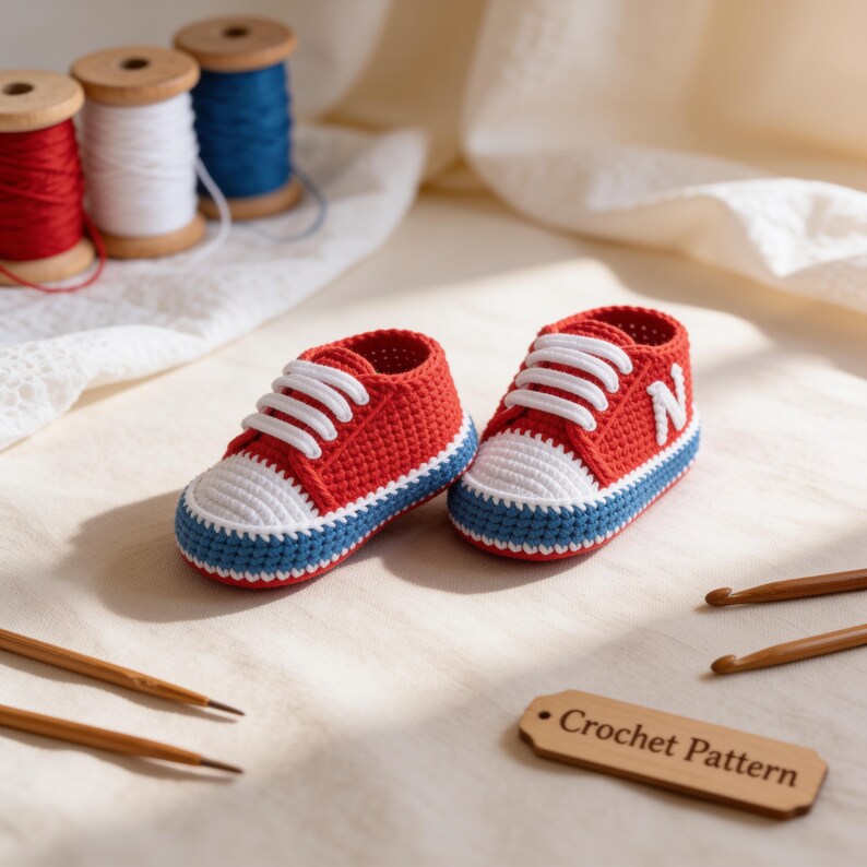 May include: A pair of handmade crochet baby sneakers in red, white, and blue. The shoes feature white laces, a white toe cap, and a blue sole. A wooden tag labeled Crochet Pattern is nearby, along with wooden crochet hooks and yarn spools.