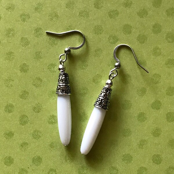 Slender White Earrings White Glass Earrings Unique White Earrings