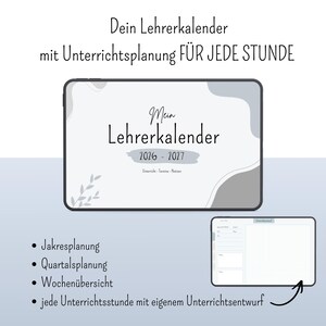 Könnte beinhalten: Ein digitaler Lehrerkalender für 2026-2027 mit einem grau-weißen Cover und dem Text "Mein Lehrerkalender 2026-2027". Der Kalender enthält Bereiche für Unterrichtsplanung, Termine und Notizen, dargestellt auf einer digitalen Tablet-Oberfläche.