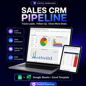 Può includere: Un modello digitale scaricabile Sales CRM Pipeline per Google Sheets ed Excel. Lo schermo mostra un portatile e un tablet con una dashboard di vendita, grafici e tendenze. Testo incluso: Sales CRM Pipeline, Track Leads, Follow Up, Close More Deals, Lead Tracking, Sales Dashboard, Follow-Up System, Sales Forecasting, Google Sheets + Excel Template, Instant Download.