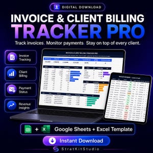 Può includere: Un modello digitale Invoice & Client Billing Tracker Pro per Google Sheets ed Excel visualizzato su uno schermo di laptop e tablet. L'interfaccia presenta dashboard finanziarie, tabelle sullo stato dei pagamenti e grafici blu e bianchi.