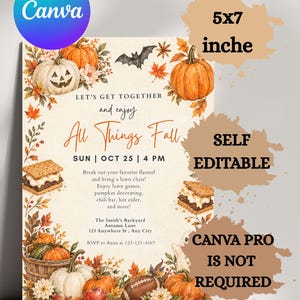 Puede incluir: Una tarjeta de invitación de 5x7 pulgadas con temática otoñal que presenta ilustraciones en acuarela de calabazas, s'mores, un balón de fútbol americano y hojas de otoño. El texto dice: LET'S GET TOGETHER and enjoy All Things Fall, SUN | OCT 25 | 4 PM.