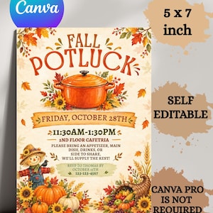 May include: A 5 x 7 inch autumn potluck invitation template featuring an orange casserole dish, autumn leaves, sunflowers, pumpkins, a cornucopia, and a scarecrow. The text includes event details, date, time, location, and RSVP instructions.