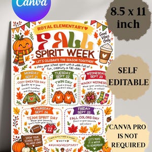Fall Spirit Week Flyer Template, Editable School Dress-Up Schedule (Digital Download)