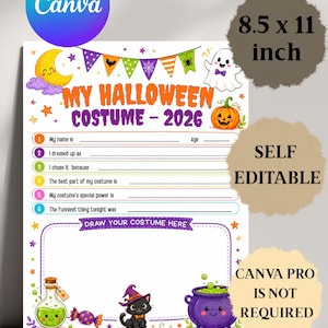 Könnte beinhalten: Ein weißes 21,59 x 27,94 cm Halloween-Aktivitätsblatt mit dem Titel MY HALLOWEEN COSTUME - 2026. Es zeigt bunte Wimpel, einen Mond, ein Gespenst, einen Kürbis, eine Zaubertrankflasche, eine schwarze Katze mit Hexenhut und einen lila Kessel.