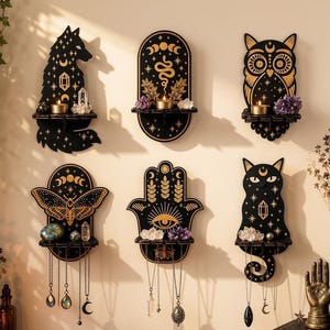 Witchy Animal Wall Shelves Small Crystal Necklace Whimsy Display Wolf Snake Owl Cat Moth Hamsa Hand Miniature Celestial Wooden Hanging Shelf