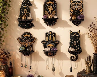 Witchy Animal Wall Shelves Small Crystal Necklace Whimsy Display Wolf Snake Owl Cat Moth Hamsa Hand Miniature Celestial Wooden Hanging Shelf
