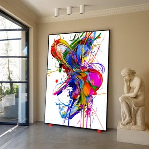 Livfull abstrakt stänk på canvastavla, flerfärgad färgstänk, modern expressionistisk heminredning