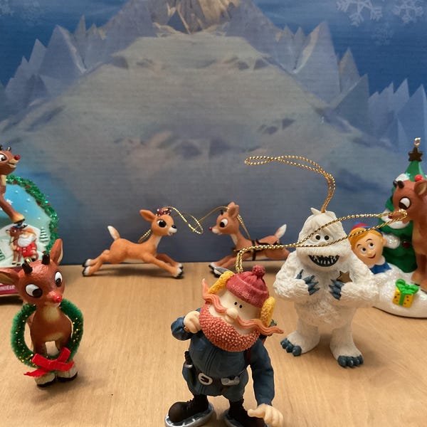 Vintage Rankin and Bass Rudolph the Red-Nosed Reindeer  and Carlton Ornaments