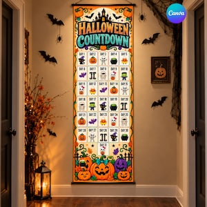 May include: A vertical Halloween countdown wall hanging featuring a large orange pumpkin at the bottom and a grid of thirty-one numbered squares. Each square displays a colorful holiday icon like a ghost, skeleton, cat, or candy corn.