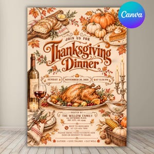 Op de afbeelding: Een Thanksgiving-diner uitnodigingsflyer met een gebraden kalkoen, wijnfles, glas, kaarsen en herfstbladeren. De tekst bevat Join Us For Thanksgiving Dinner, Sunday November 20 2026, om 12:30 PM, gehost door The Willow Family, en RSVP-gegevens.