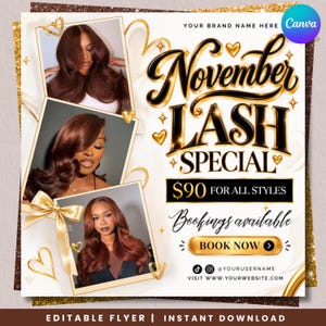 Op de afbeelding: Een promotieflyer voor een wimperaanbieding in november met drie foto's van personen met lang bruin haar, gouden hartaccenten en de tekst November LASH SPECIAL, $90 FOR ALL STYLES, Bookings available en BOOK NOW.