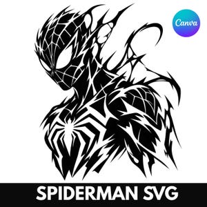 May include: A black and white graphic illustration of a character with a web-patterned mask and a spider emblem on the chest. The design features sharp, jagged, and flowing lines that create a stylised, high-contrast silhouette of the figure.