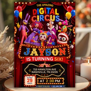 Op de afbeelding: Een verjaardagsuitnodigingsposter getiteld The Amazing Digital Circus met kleurrijke stripfiguren, rode gordijnen en feestverlichting. De tekst luidt Jayson is turning six, 715 Hamilton Ave, Nashville, TN 23235, Saturday 29 March at 2:30 PM.