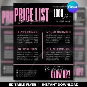 Puede incluir: Una plantilla de folleto de lista de precios digital en negro y rosa con secciones para paquetes de servicios, servicios avanzados, opciones adicionales y paquetes exclusivos. El texto incluye títulos como PRICE LIST, YOUR SERVICES y READY FOR A GLOW UP?