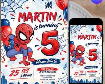 Puede incluir: Una tarjeta de invitación de cumpleaños con un superhéroe rojo y azul, un número 5 grande en rojo, telarañas y globos. Texto: MARTIN is turning 5, Please Join Us, 25 OCT 3:00 PM, RSVP TO OLIVIA AT 244-098-5646.