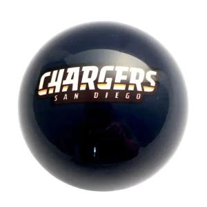 May include: A dark navy blue bowling ball with a glossy finish featuring the text CHARGERS SAN DIEGO printed in white with a yellow and light blue outline across the center of the sphere. The surface is smooth and reflective with no visible holes.