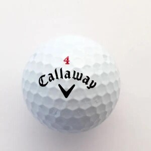 May include: A white golf ball with a dimpled surface featuring the black Callaway brand name printed in a stylized font, accompanied by a small black chevron logo below the text and the red number 4 printed above the brand name.