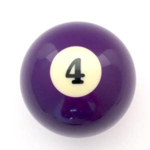 May include: A smooth, spherical billiard ball with a glossy purple finish. Centered on the ball is a white circular field containing the number 4 printed in a bold, black, sans-serif font. The surface is reflective and uniform in color.
