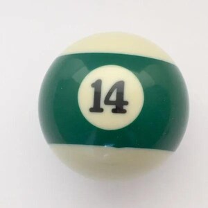 May include: A smooth, spherical billiard ball featuring a glossy off-white base color with a wide, horizontal dark green stripe encircling the center. A white circular field is centered on the stripe, displaying the black number 14 in a bold font.