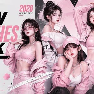 May include: A promotional graphic featuring four individuals wearing pink and white clothing, including crop tops, jackets, and pants. Text includes NEW CLOTHES PACK, 2026 NEW RELEASE, and LIMITED EDITION 2026. The design uses a black, white, and pink color palette.