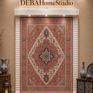 May include: A large rectangular area rug featuring a central diamond medallion in shades of terracotta, cream, and navy blue. The rug displays intricate floral and geometric patterns throughout, framed by a detailed border. The text DEBAHomeStudio is visible above.