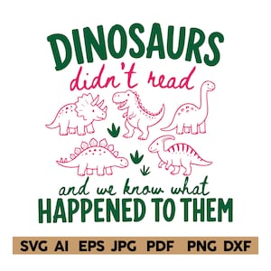May include: A graphic design featuring the dark green text DINOSAURS and HAPPENED TO THEM, with pink text didn't read and we know what. Five pink line-art dinosaurs are arranged in the center with small green leaf icons. File formats listed below.