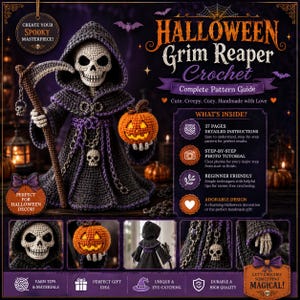 Op de afbeelding: Een haakpatroongids voor een Magere Hein-figuur met een skelet in een donkere kapmantel, een zeis en een pompoen. De tekst bevat HALLOWEEN Grim Reaper Crochet Complete Pattern Guide en details over 37 pagina's met instructies, fototutorials en tips voor beginners.