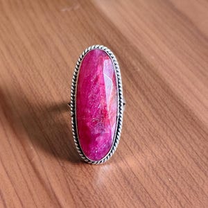 Handmade Sterling Silver Long Oval Pink Ruby Statement Ring, Vintage Boho Artisan Jewelry
